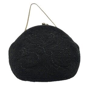 Walborg Vintage Black Beaded Snap Close Mini Bag Purse 5x6"